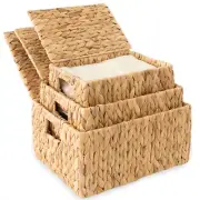 Wicker Storage Baskets with Lid, Set 3 Basket With Lid Decorative Storage Rec...