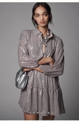 NWT Anthropologie Bettina Tiered Shirt Dress by Maeve Silver Gray Sequin Size L
