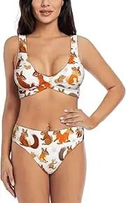 [EdWal] Cute Squirrels Print Bikini Set for Women Halter Strapless Ruched Color Block Trim Swimsuit 2 Piece for Women