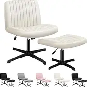 ALFORDSON Armless Criss-Cross Desk Chair with Ottoman Stool, Ergonomic Cross Leg Office Chair with Channel-Tufted Mid-Back Design, Tilt & Height Adjust and Swivel, 180kg Max, Xavi Velvet Beige