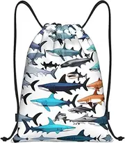 [SDEGTHO] Sharks Pattern Stylish Drawstring Backpacks Cinch Bags, Gym Cinch Bag Polyester String Bag For Men Women