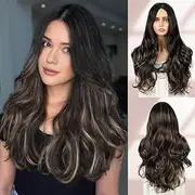 Creamily Long Hair Wig for Women, Brown Wavy Hair Women Wig, Curly Synthetic Hair Wig with Middle Part Natural Looking, Full Head Hair Wig for Daily Use (24Inches, Brown Mix Blonde Highlight)