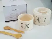 New Rae Dunn Guacamole Salsa Bowls w/2 Wooden Spoons Taco Night
