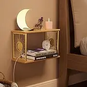 Floating Nightstand Wall Mounted - Natural Solid Wood Night Stand, Bedside Table 2 Tier Shelf, Modern Metal Celestial Side Floating Shelves Decor for Living Room Bedroom (Gold)