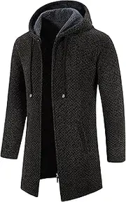 [Generic] Men's Fleece Lined Long Cardigan Hoodies Full Zip Hoodie Winter Knit Sweater Regular Fit Sweater Thick Hooded Coat