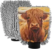 XYMZR Highland Cow Sunflower Absorbent Microfiber Car Wash Mitt, Funny Cute Anime Scratch Free for Cars Cleaning, Home Cleaning Mitts, 2 Pack, 10.24” L x 7.09” W