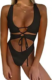 [DTREEL] Women's Sexy Waisted Cutout Lace Up Backless High Cut One Piece Swimsuit Monokini(Black)