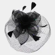 Black Mesh Net Feather LED Light Fascinator ( 2196 )