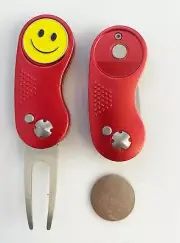 GOLF SWITCHBLADE Happy SMILE FACE Red DIVOT REPAIR TOOL + Ballmark Yellow