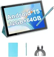 [HOTTABLET] 10" Android 15 Tablet with Case/Stylus, 12(4+8Expand) GB RAM+64GB ROM, 2+8MP Dual Camera, 6000mAh Battery (Tablet+case+Stylus), Blue