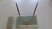 New - Green Onyx Marble Base with Dual Desk Pen Set And Paper Weight