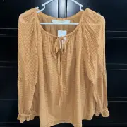 Marie Oliver Women’s Brown Rust Colored Silk Linen Peasant Top Tie Neck Medium