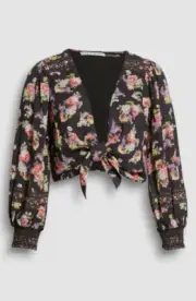 $350 Alice + Olivia Women's Black Floral Front Tie Blouse Top Size S