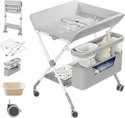 XIULIUU Baby Changing Table, Folding Baby Changing Table, Infant Care Station with Double Layer Storage Basket, Adjustable Height, Mobile Nursery Organizer for Newborn Infant (Grey)