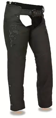 MOTORCYCLE WOMEN'S BLK TEXTILE TRIBAL EMBROIDERY & REFLECTIVE DETAIL CHAP NEW