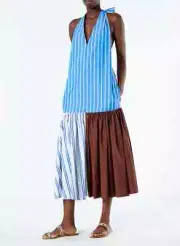 NWT Tibi Vivian Stripe V-Neck Deep Halter Dress Midi Sundress Patchwork Sz 4