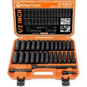 Piece 1/2 Drive Impact Socket Set 6 Point Standard Metric mm SAE (3/8 to 1) CrV