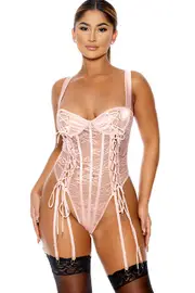 Forplay Lovebound Pink Lace Corset Garter Teddy