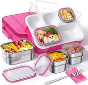 TIME4DEALS Stainless Steel Bento Lunch Box for Kids Adult - Leakproof BPA-Free School Lunch Container with 5 Compartment and Lunch Bag Set for Toddler Child Bento Box (Pink)