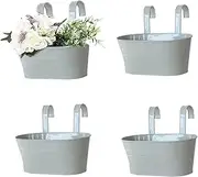 YQkangzhu 4 Pcs Metal Iron Hanging Flower Pots for Railing Fence, Garden Hanging Bucket Pot Countryside Style, Window Flower Plant Holder with Detachable Hooks, Indoor Balcony Planters for Home Decor