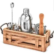 Acacia Rustic Wood Finish 11pc Cocktail Set Stainless Steel Bartending Kit New