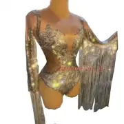 Rhinestone Sequin Fringes Bodysuit Women Dancer Stage Wear Dance Costume Outfits