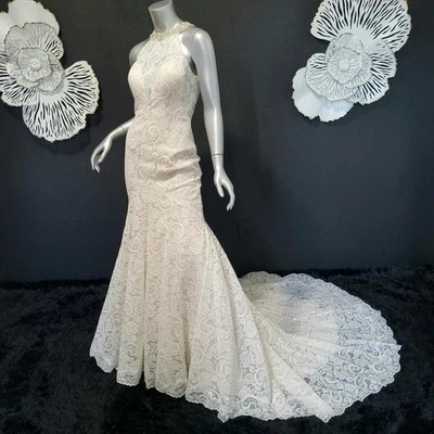 NWT~$1695~MADISON JAMES~SZ 4/6~CHAMPAGNE IVORY LACE FIT & FLARE WEDDING DRESS