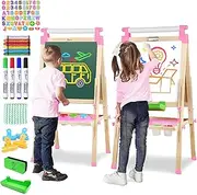 JOYOOSS Kids Wooden Easel with Paper Roll - Adjustable Magnetic Double Sided Drawing Board Whiteboard & Chalkboard Dry Easel Board, Children Art Easel for 3~12 Years Kids Boys Girls Painting Drawing-P
