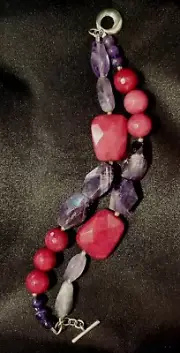 BARSE Vtg Bracelet, Double Strand of Amethyst & Red Jade Stones, Sterling Silver