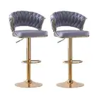 SERENITà Grey Velvet Padded Golden Round Base Barstools Chairs x 2