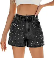 [Generic] Women's Riveted Denim Shorts Summer High Waist Straight Jeans Shorts Pockets Casual Mini Trousers