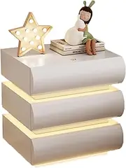 XXYSPT LED Bedside Table Cream High Gloss Nightstand with 3 Drawers and Ambient Light, Modern Cream Wooden Bedroom Storage Cabinet Side Table for Living Room and Bedroom – 50 x 40 x 55 cm