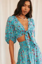 Blue Boho Crop Top Tie Front - Size 8, Women's Crop Top