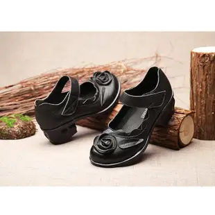 【Vecchio】真皮涼鞋 粗跟涼鞋/真皮手工立體花朵造型魔鬼粘粗跟涼鞋(黑)