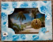 Colorful lVintage Clock Mirrored Glass. 3D Art. Beach, Ocean & Palm Trees. New.
