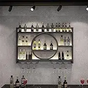 Modern Wall Mounted Wine Bar Unit with Floating Glass Shelves Iron Display Stand and Hanging Wine Organizer Gold Color Perfect for Home Bar or Dining Room Decor.