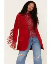 Women's Red 100% Suede Leather Fringe Blazer, Boho Western Cowgirl Style Jacket