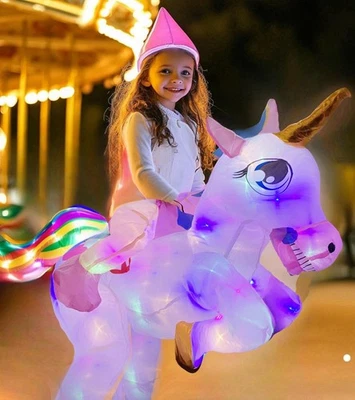 Kids Inflatable Unicorn Costume, Riding Unicorn Air Blow-up Deluxe with LED L...