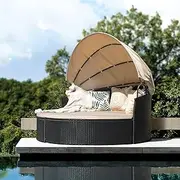 KaiMeng Patio Furniture Round Outdoor Daybed with Retractable Canopy Wicker Rattan Sectional Sofa for Lawn Garden Backyard Pool (Beige)