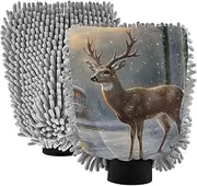 XYMZR Deer Snow Winter Landscape Absorbent Microfiber Car Wash Mitt, Funny Cute Anime Scratch Free for Cars Cleaning, Home Cleaning Mitts, 2 Pack, 10.24” L x 7.09” W