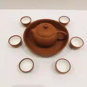 Red Clay Miniature Tea Pot With 6 Porcelain And Clay Cups