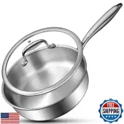 Tri-Ply Stainless Steel Frying Pan 3QT, 10 Inch Deep Frying Pan with lids, Sk