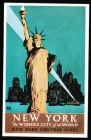 New York Central poster postcard railroad train Statue of Liberty ferry railway