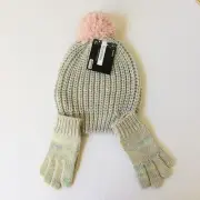 Set Of 2 Toddler Beanie Hat , Gloves , Light Blue with Pink Pom PE2-166