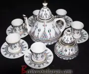 Handmade Algerian Blue Berber symbols Tea set in white ceramic & Gold