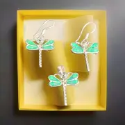 Erick's Sterling Silver Green Opal Dragonfly Set Taxco.925