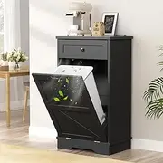 Tilt Out Trash Cabinet, Farmhouse Trash Can Cabinet w/Negative ion, Dog Proof 10 Gallon Garbage Can Cabinet for Kitchen, Bathroom, Living Room, Black