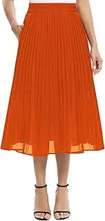 [EXCHIC] Women's Casual Chiffon Elastic Waist A-Line Pleated Midi Skirt with Pockets