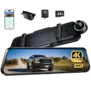 P10 Plus 4K WiFi Mirror Dash Cam, 10" Rear View Mirror Camera with 64GB Card,...