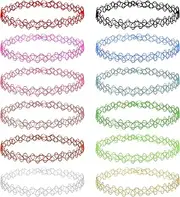 [EUIOOVM] Choker Necklace Kit, 12 Pcs Multi-Color Tattoo Necklaces, 90s Fashion Lace Clavicle Chain, Elastic Stretchable Black Choker, Gothic Accessories for Women Lady Girls